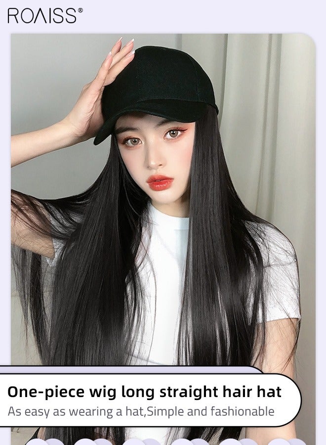 roaiss Long Straight Baseball Cap Wig with Hair Extension Synthetic Wig Hat for Women Adjustable Black Baseball Hat Wig, 60cm (24 inch) - Image 2
