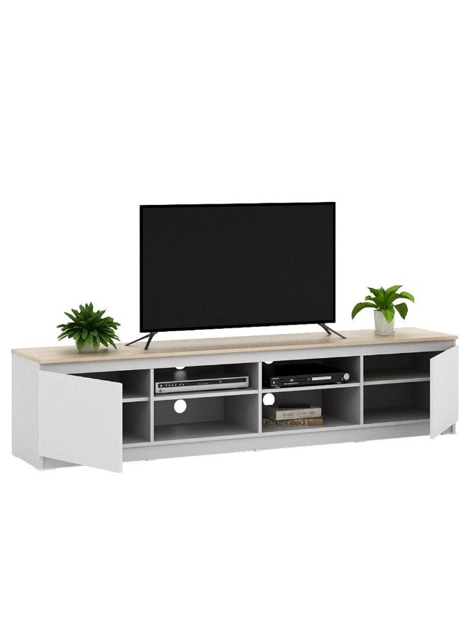 DANUBE HOME Guyana Tv Unit With 2 Doors And Shelves Up To 80 Inches | Entertainment Modern Design Wall Unit Furniture | Wooden TV Stand For Living Room | Media Center L196.2xW39.6xH44.7cm-White/Oak  - Image 2