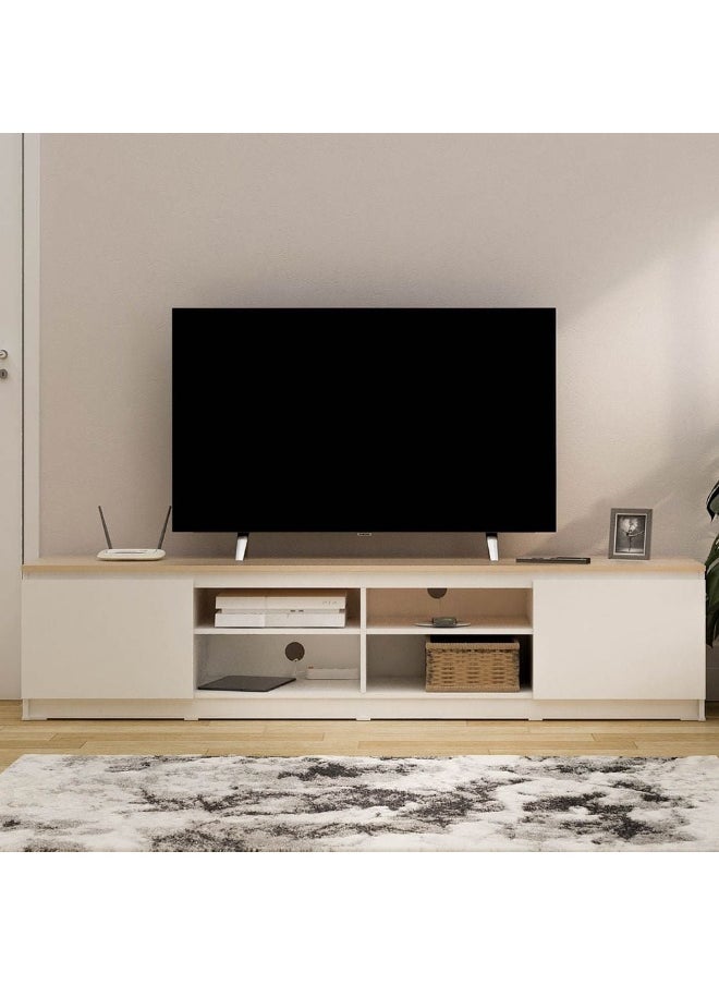 DANUBE HOME Guyana Tv Unit With 2 Doors And Shelves Up To 80 Inches | Entertainment Modern Design Wall Unit Furniture | Wooden TV Stand For Living Room | Media Center L196.2xW39.6xH44.7cm-White/Oak  - Image 4