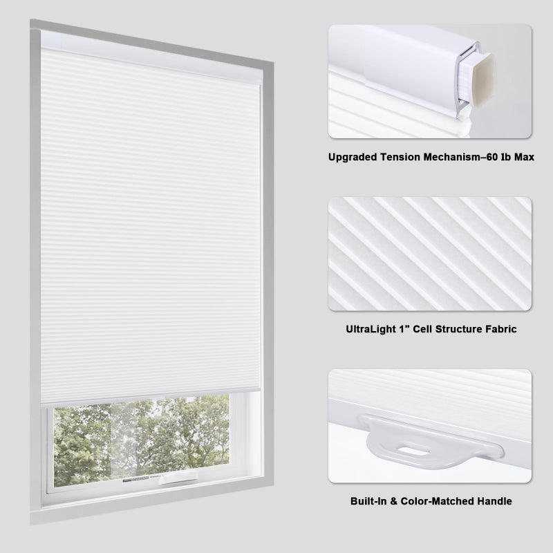 Tonature No Drill Cellular Shades for Indoor Windows, Thermal Insulating & Noise Reducing Honeycomb Blinds, Cordless Free Stop Blinds Light Filtering, White, 22" W x 64" H - Image 2