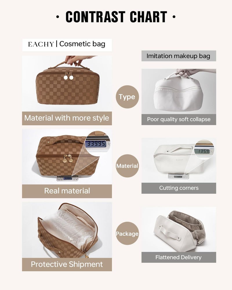 حقيبة مكياج للسفر من إيتشي (EACHY Travel Makeup Bag)، حقائب تجميل ذات سعة كبيرة للنساء، حقيبة مقاومة للماء وسهلة الحمل، بتصميم مفتوح ومسطح لحمل اللوازم الشخصية. - Image 5