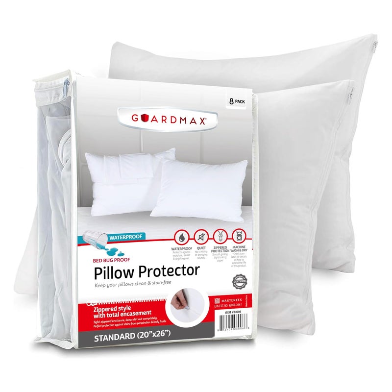 Guardmax Guardmax Jersey Knitted Pillow Protector with Zipper Standard Size  8 Pack 100 Waterproof Bed Bug Proof Dust Mite Proof  Hypoallergenic Pillow Covers  Premium Zippered Pillow Cases 20 X 26 