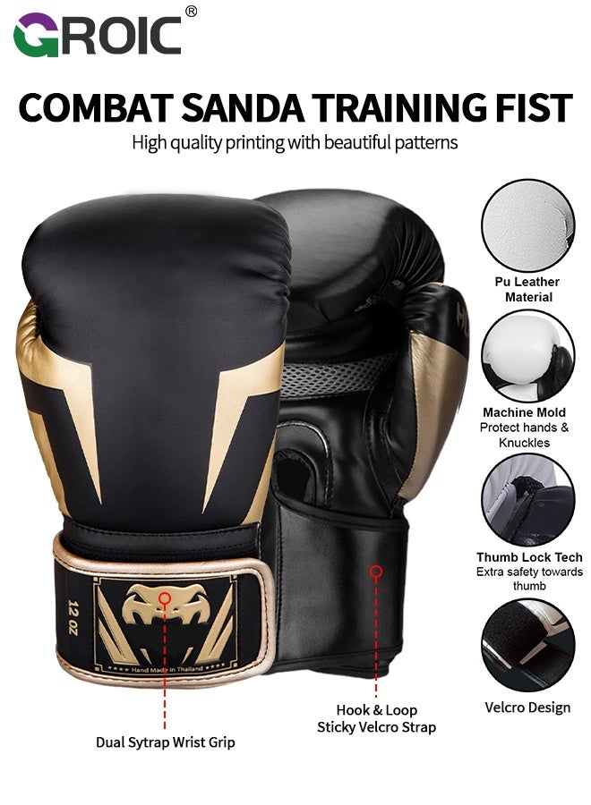 GROIC Boxing Gloves PU Leather, Muay Thai Kickboxing MMA Sparring Training, Advanced TAKKA Closure, Padding, Punch Bags Speed Ball Focus Pads Workout(Black) - Image 2