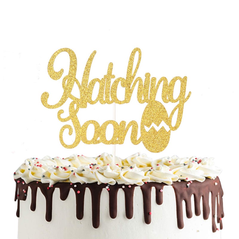 Hatching Soon Pregnancy Cake Topper Double Sided Gold Glitter Farm Themed Dinosaur Baby Shower Party Decorations