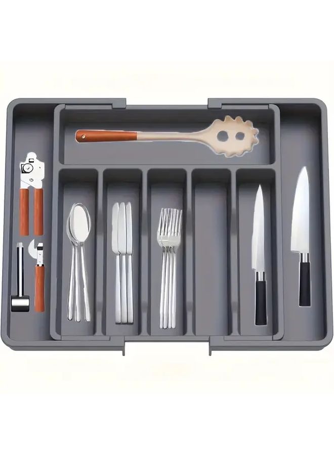 Expandable Plastic Cutlery Tray Gray Drawer Organizer No Tools Needed - Image 1