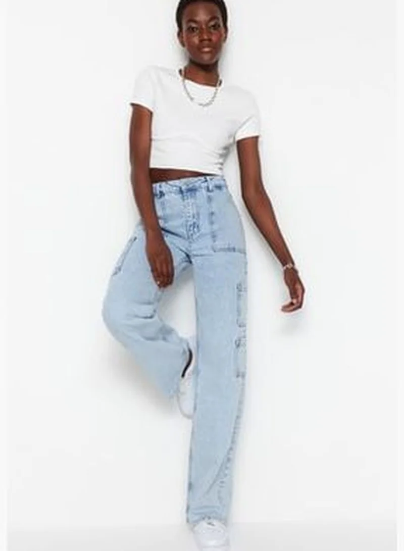 trendyol Light Blue High Waist Wide Leg Jeans with Cargo Pocket TWOSS23JE00055
