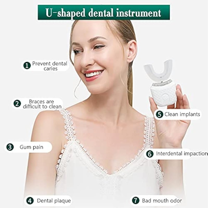 Ultrasonic Automatic Toothbrush 360° Electric Toothbrush Teeth Whitening Brush Wireless Charging Tooth Clean Brush U Shaped Sonic Electric Lazy Toothbrush for Kids Adults Travel Home (White) - Image 3