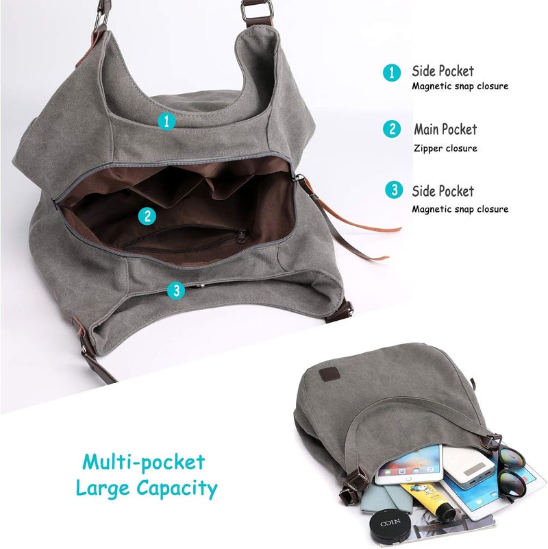 DOURR Store Women's Multi-pocket Shoulder Bag Fashion Cotton Canvas Handbag Tote Purse - Image 4