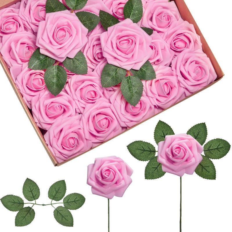 InnoGear Artificial Flowers, 100 Pcs Pink Foam Fake Roses Bulk with Stems for Decoration DIY Wedding Bouquets Centerpieces Bridal Shower Party Valentines Christmas Tree - Image 1