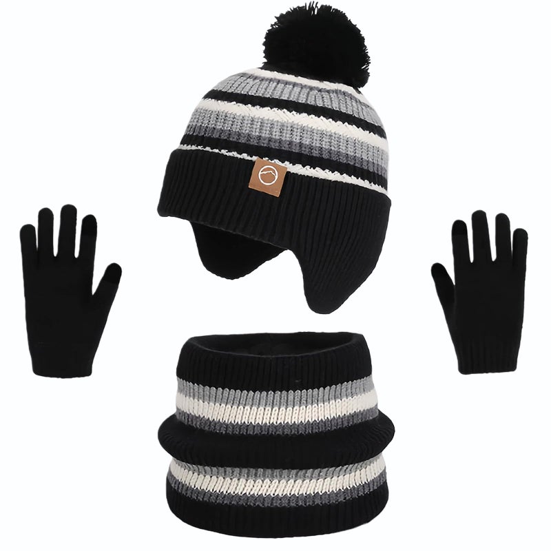 KMOLY Kids Winter Hat Gloves Scarf Set,Beanies with Earflap Pompom Neck Warmer Touchscreen Gloves Fleece Lined for Boys Girls 4-10Y (Black, 4-10Y) - Image 1