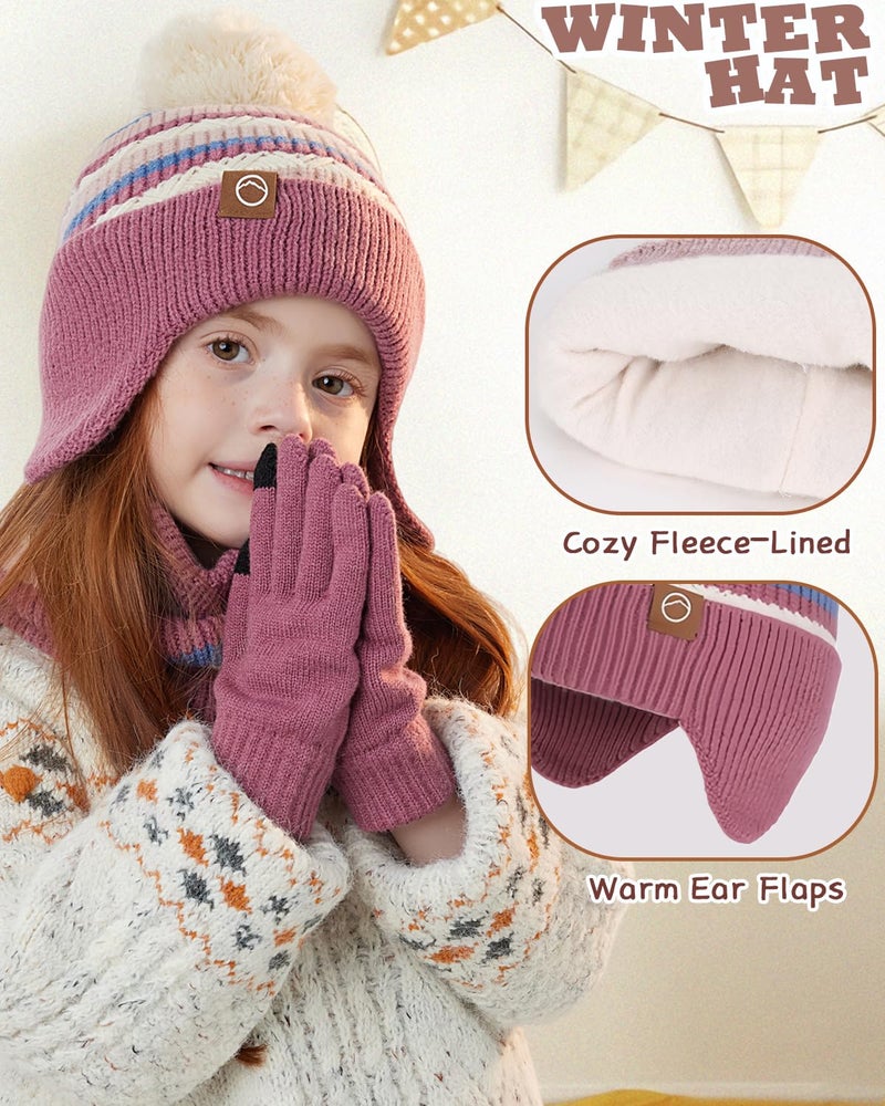 KMOLY Kids Winter Hat Gloves Scarf Set,Beanies with Earflap Pompom Neck Warmer Touchscreen Gloves Fleece Lined for Boys Girls 4-10Y (Black, 4-10Y) - Image 2