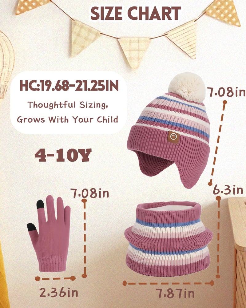 KMOLY Kids Winter Hat Gloves Scarf Set,Beanies with Earflap Pompom Neck Warmer Touchscreen Gloves Fleece Lined for Boys Girls 4-10Y (Black, 4-10Y) - Image 5
