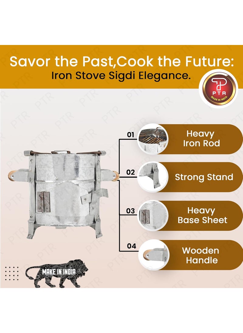 PTR - PTR Handmade Iron Sigdi With Free Iron Pincers, Sandasi, Indian Traditional Sigdi Pure Iron Metal, Ash Tray, Sigdi Chulha, Angeethi, Stove for Cooking, Kitchen - Image 1