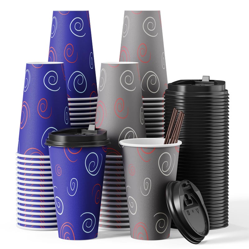 TV TOPVALUE 100 Pack 16 oz Paper Cups Disposable Coffee Cups with Lids and Straws for Drinking Water Tea Used for Home Shops and Cafes