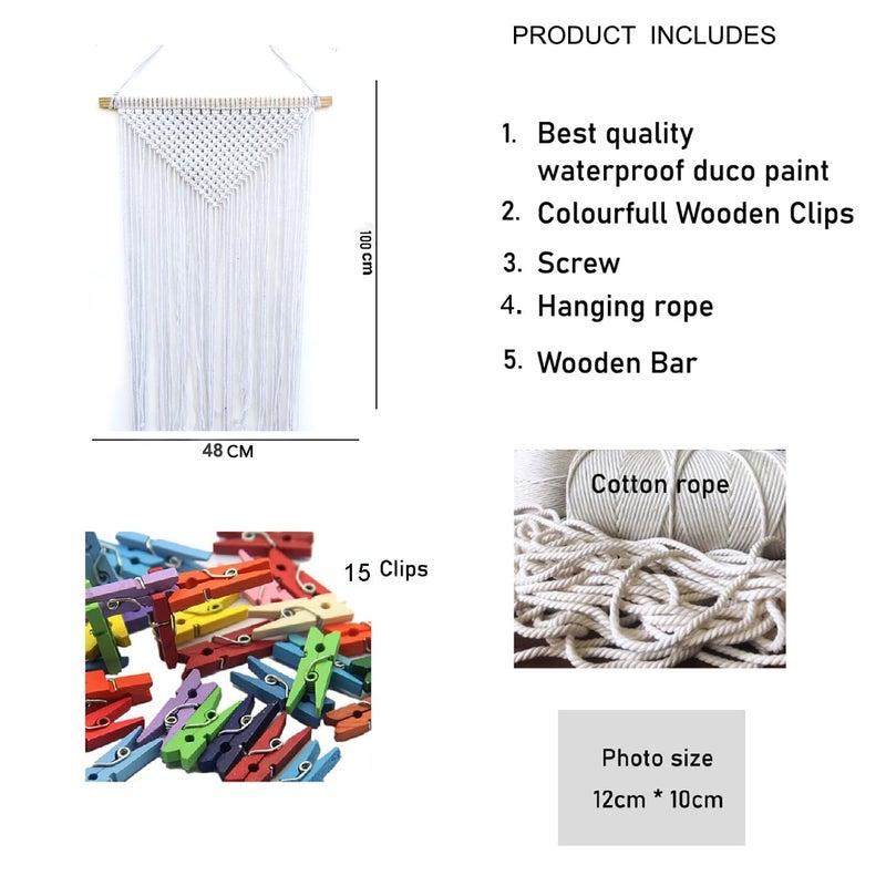 Decorcreed Macrame Design White Colour Photo Organaizer Wall Dcor Home Dcor Wall Hanging With ColourFull Wooden Clips - Image 3