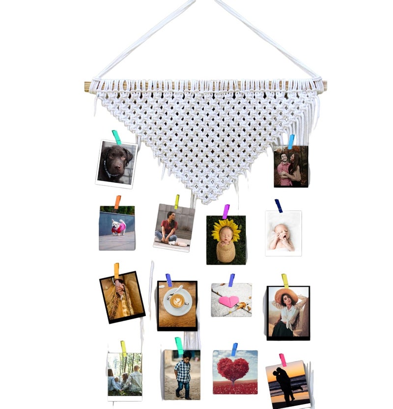 Decorcreed Macrame Design White Colour Photo Organaizer Wall Dcor Home Dcor Wall Hanging With ColourFull Wooden Clips - Image 4