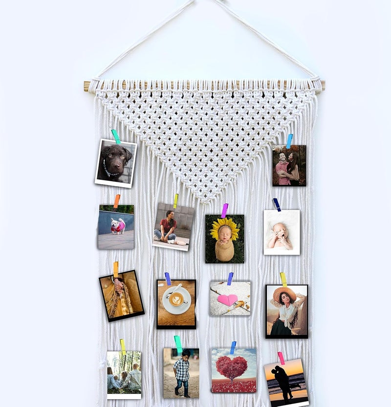 Decorcreed Macrame Design White Colour Photo Organaizer Wall Dcor Home Dcor Wall Hanging With ColourFull Wooden Clips - Image 5