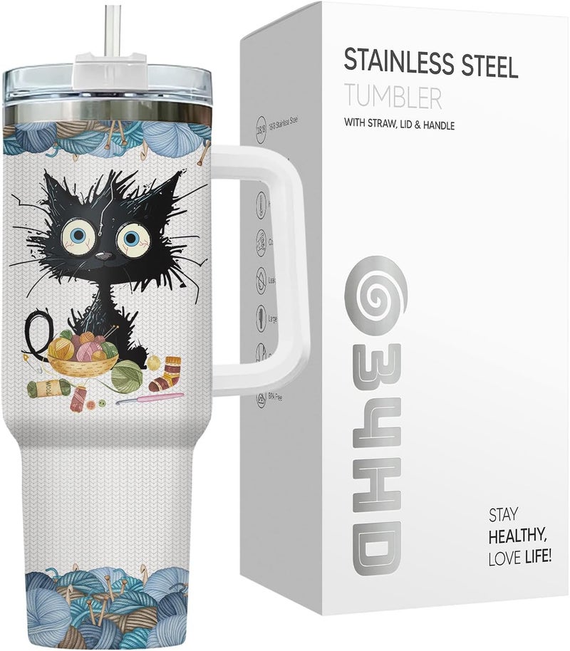 34HD Black Cat Tumbler with Handle & Straw, 40oz Vacuum Insulated Cat Coffee Cup, I Crochet So I Dont Choke People Mug, Crochet Lover Gifts for Birthday Mothers Day Christmas - Image 3