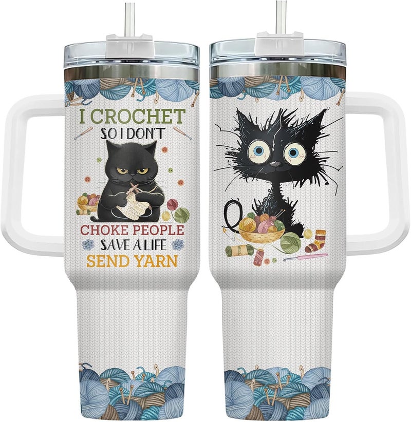 34HD Black Cat Tumbler with Handle & Straw, 40oz Vacuum Insulated Cat Coffee Cup, I Crochet So I Dont Choke People Mug, Crochet Lover Gifts for Birthday Mothers Day Christmas - Image 1