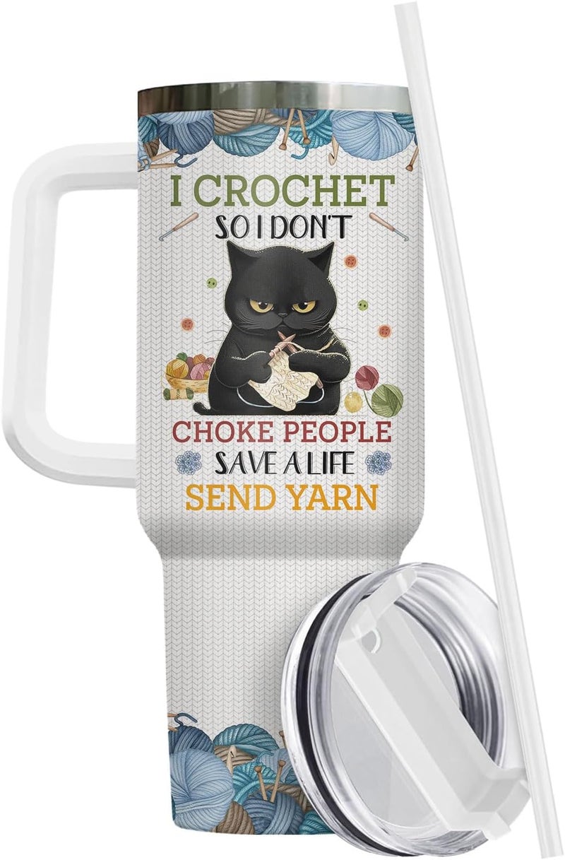 34HD Black Cat Tumbler with Handle & Straw, 40oz Vacuum Insulated Cat Coffee Cup, I Crochet So I Dont Choke People Mug, Crochet Lover Gifts for Birthday Mothers Day Christmas - Image 2