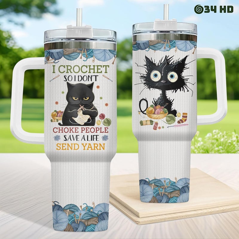 34HD Black Cat Tumbler with Handle & Straw, 40oz Vacuum Insulated Cat Coffee Cup, I Crochet So I Dont Choke People Mug, Crochet Lover Gifts for Birthday Mothers Day Christmas - Image 4