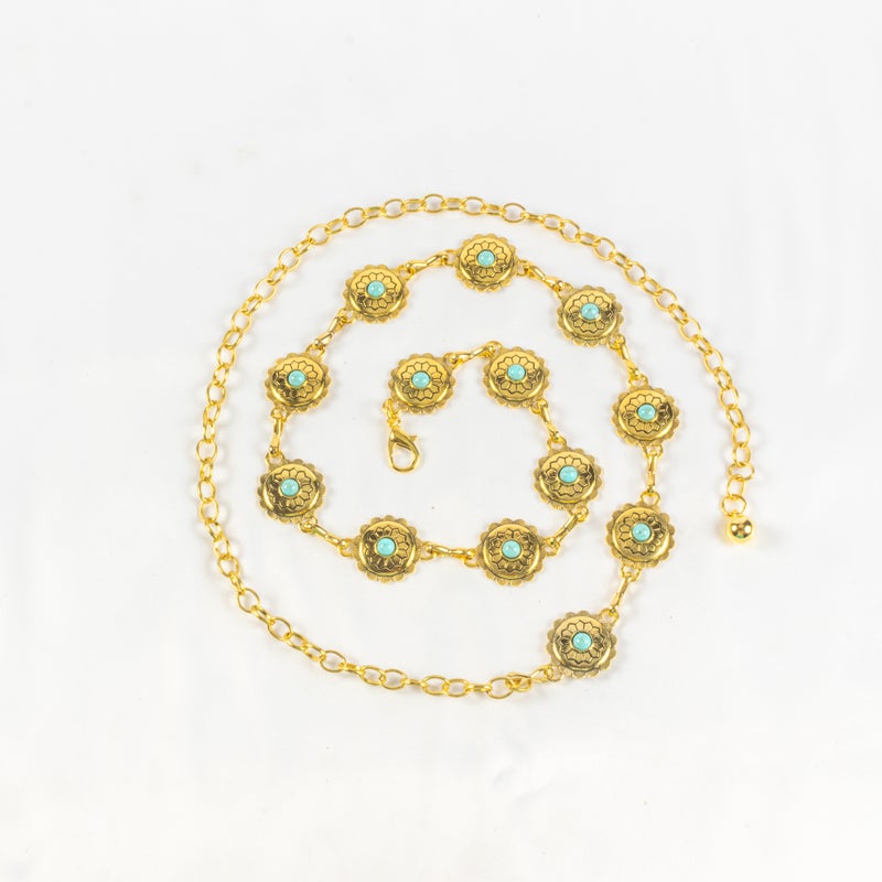 حزام وسط معدن حريمي ذهبي شكل قلب مرصع بحجر فيروزي - Image 1