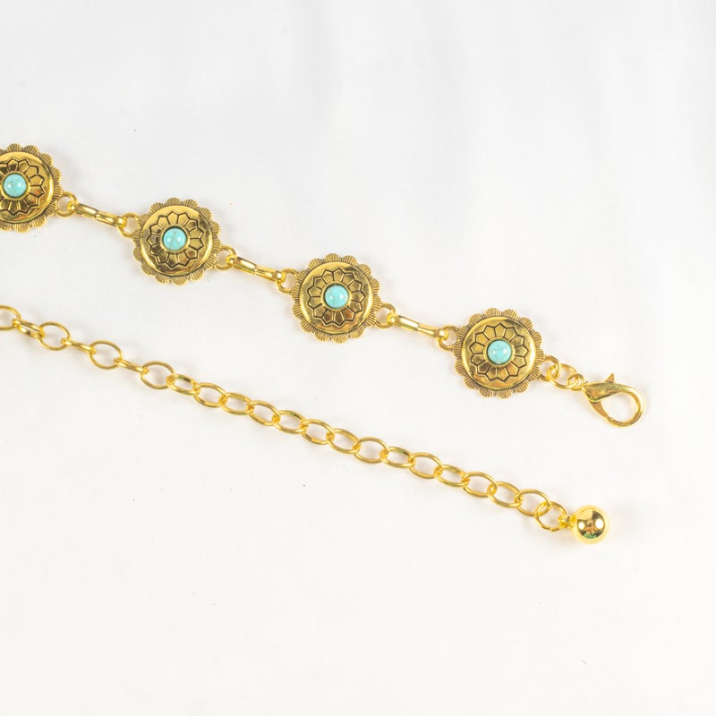 حزام وسط معدن حريمي ذهبي شكل قلب مرصع بحجر فيروزي - Image 2