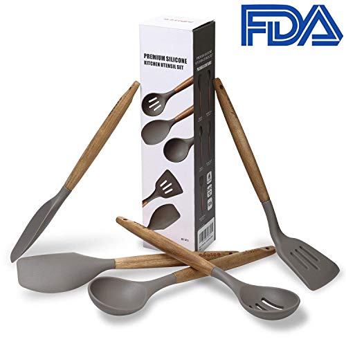 P-Plus International Set of 5 Piece Silicone spatulas Cooking Utensil Set with Natural Acacia Hard Wood Handle.|WOODEN-5A-PPLUS| - Image 2