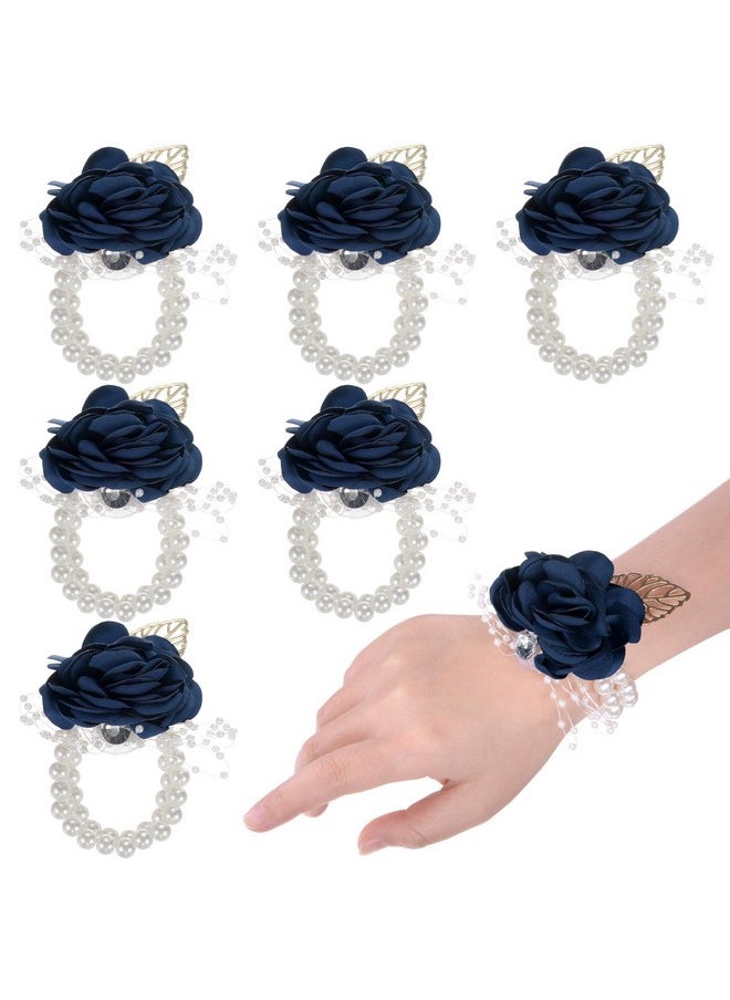 M METERXITY M METERXITY 6-Pack Wrist Corsage Bracelets, Artificial Flower Wristlets for Wedding/Prom/Party Accessory, Rose Wrist Band Hand Decor [Dark Blue]  - Image 1