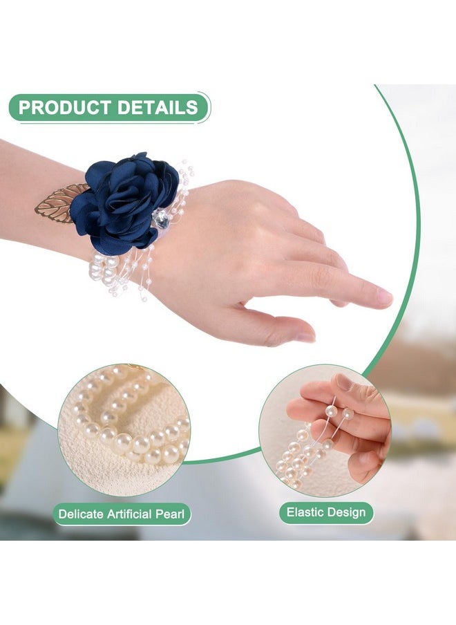 M METERXITY M METERXITY 6-Pack Wrist Corsage Bracelets, Artificial Flower Wristlets for Wedding/Prom/Party Accessory, Rose Wrist Band Hand Decor [Dark Blue]  - Image 2