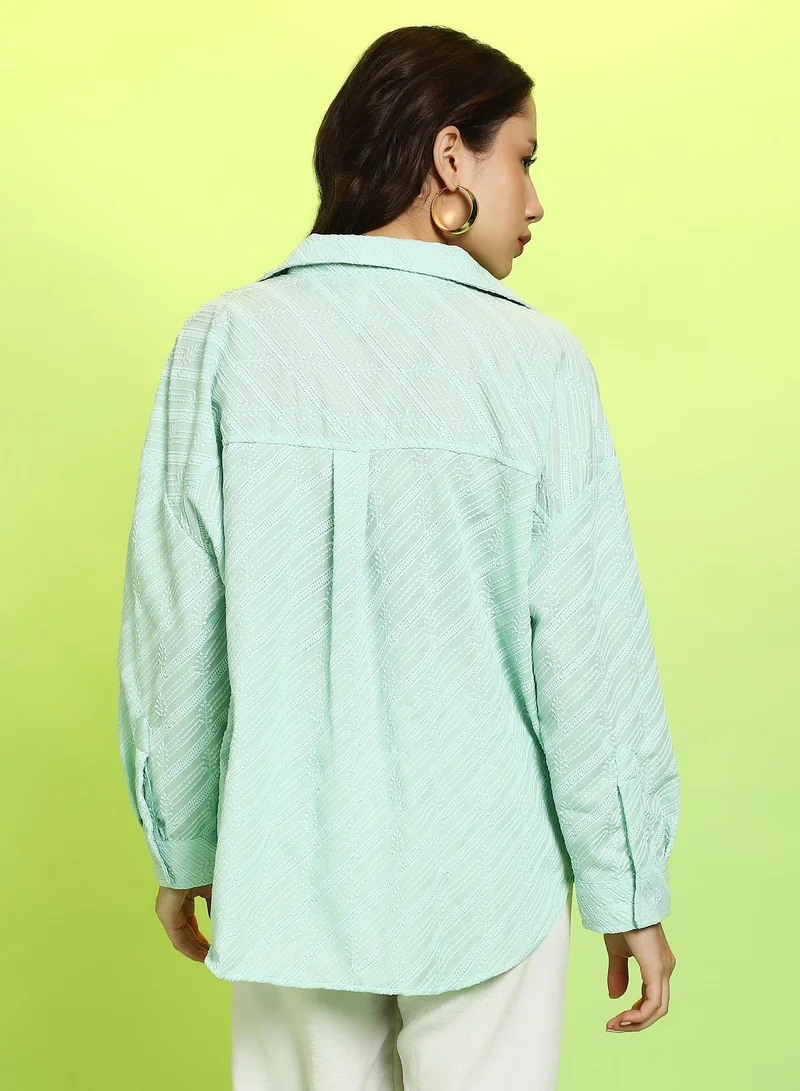 Pinacolada  Women's Mint Green Embroidered-Stripe Oversized Shirt For Casual Wear | Spread Collar | Long Cuffed Sleeves | Button Closure | Oversized Shirt Crafted With Comfort Fit For Everyday Wear for Women | Best Price UAE