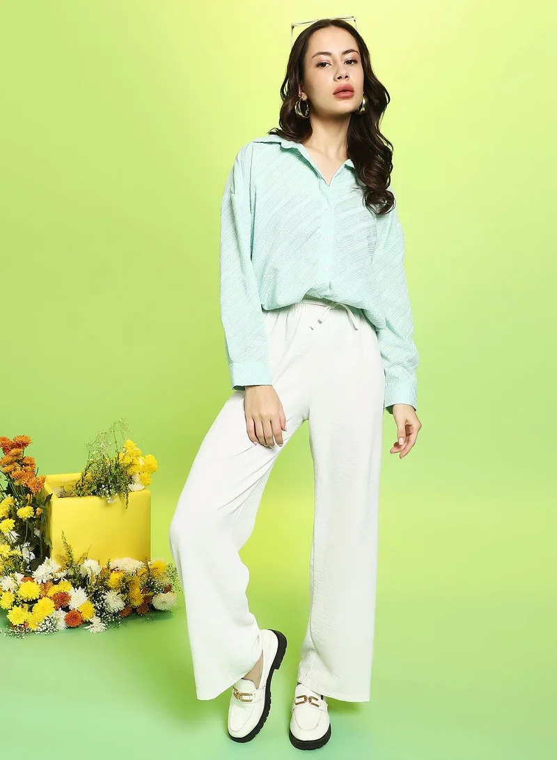 Pinacolada  Women's Mint Green Embroidered-Stripe Oversized Shirt For Casual Wear | Spread Collar | Long Cuffed Sleeves | Button Closure | Oversized Shirt Crafted With Comfort Fit For Everyday Wear for Women | Best Price UAE