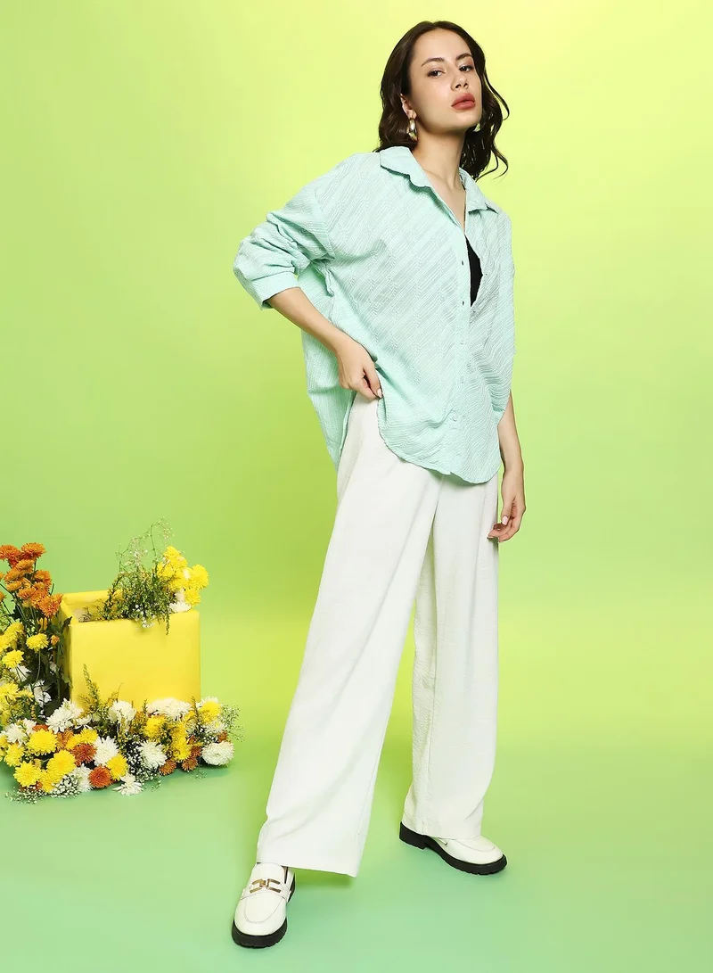 Pinacolada  Women's Mint Green Embroidered-Stripe Oversized Shirt For Casual Wear | Spread Collar | Long Cuffed Sleeves | Button Closure | Oversized Shirt Crafted With Comfort Fit For Everyday Wear for Women | Best Price UAE