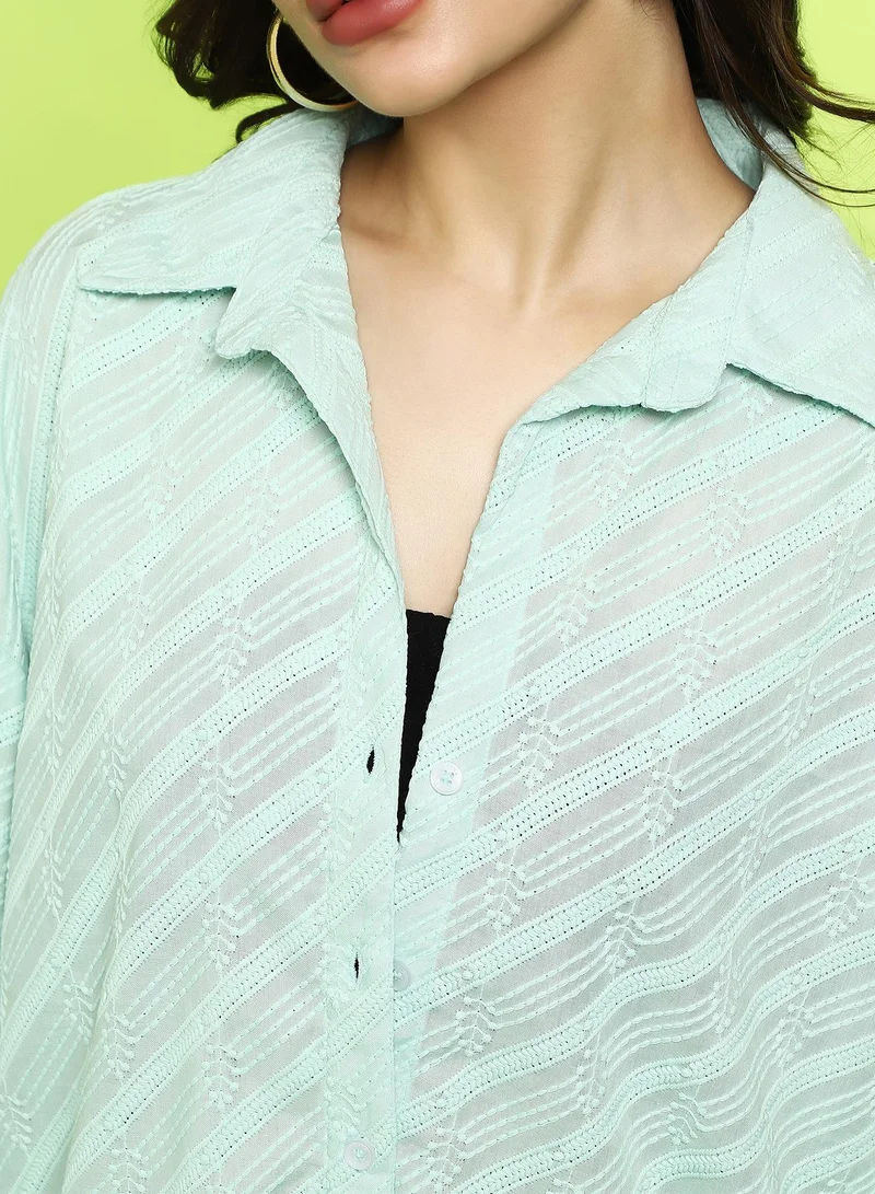Pinacolada  Women's Mint Green Embroidered-Stripe Oversized Shirt For Casual Wear | Spread Collar | Long Cuffed Sleeves | Button Closure | Oversized Shirt Crafted With Comfort Fit For Everyday Wear for Women | Best Price UAE