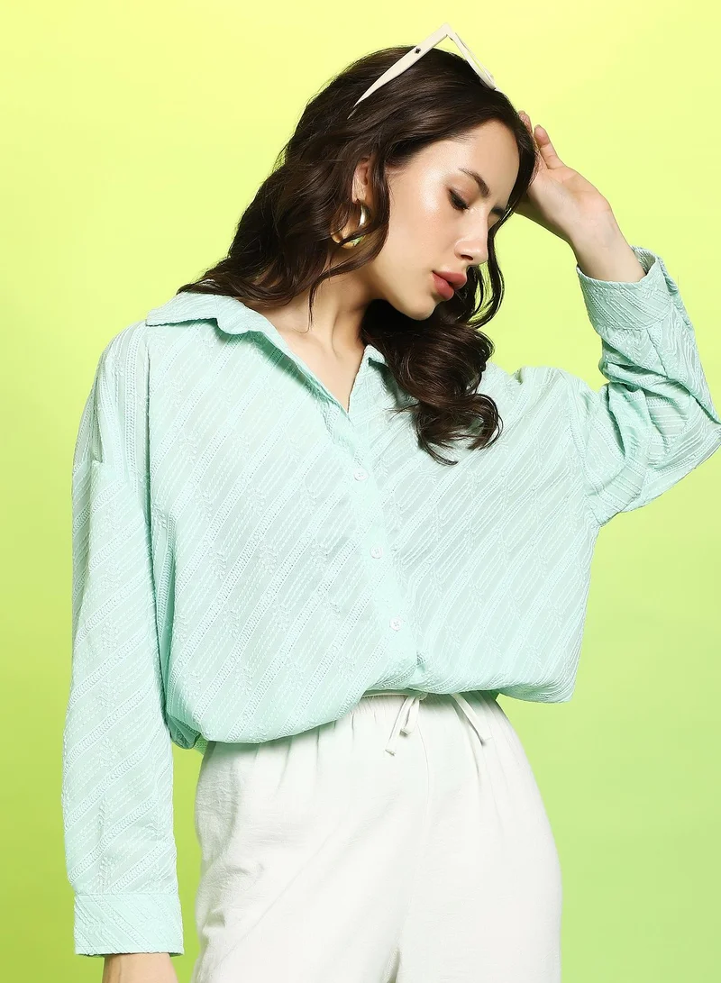 Pinacolada  Women's Mint Green Embroidered-Stripe Oversized Shirt For Casual Wear | Spread Collar | Long Cuffed Sleeves | Button Closure | Oversized Shirt Crafted With Comfort Fit For Everyday Wear for Women | Best Price UAE