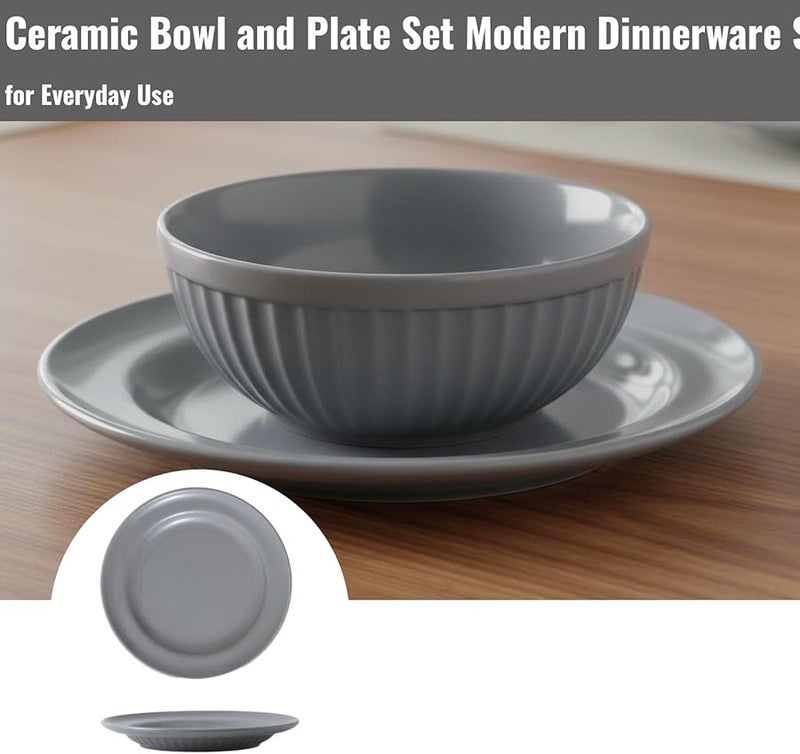 Gray Ceramic Bowl and Plate Set Modern Dinnerware for Two Ribbed Texture High Gloss Finish - Image 4