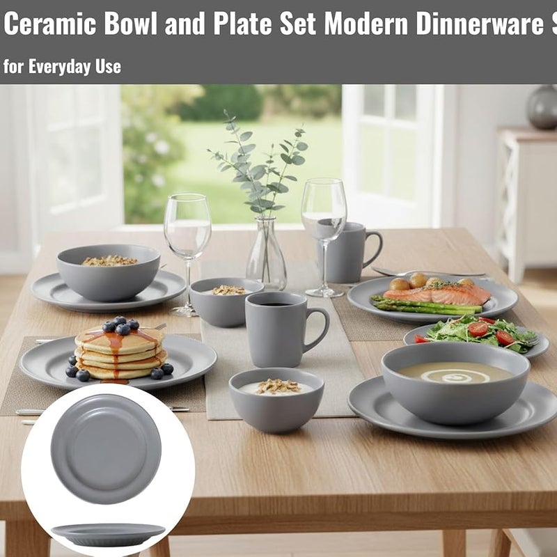 Gray Ceramic Bowl and Plate Set Modern Dinnerware for Two Ribbed Texture High Gloss Finish - Image 3
