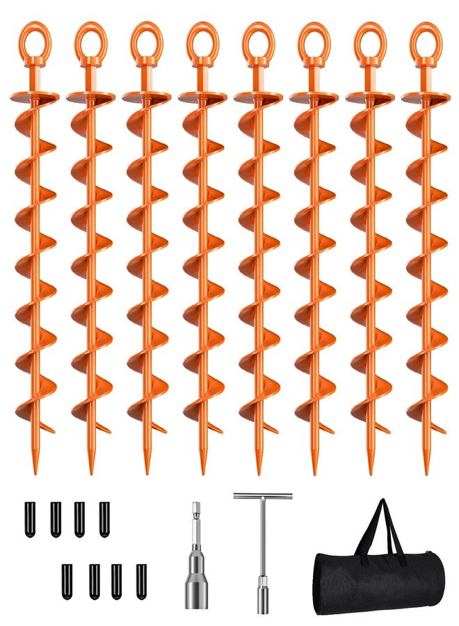 Phopich Ground Anchors Screw in, 8 Pack Spiral Trampoline Anchors with Nut and Tool Swing Set Anchors Tent Stakes High Wind Heavy Duty for Sheds, Carports, Mobile Home Orange - Image 1