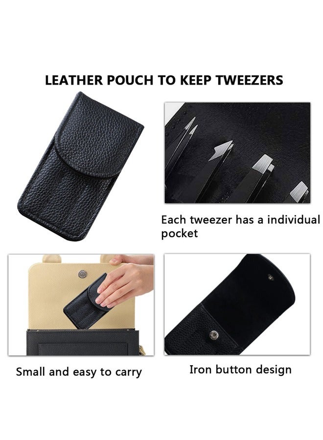 GUSGU Tweezers Set with Leather Case Professional Stainless Steel Tweezers for Eyebrows Great Precision for Eyebrow, Ingrown Hair, Splinter, Facial Hair Removal Black - Image 5