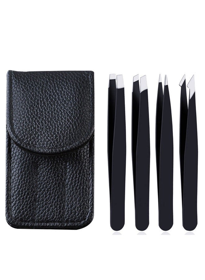 GUSGU Tweezers Set with Leather Case Professional Stainless Steel Tweezers for Eyebrows Great Precision for Eyebrow, Ingrown Hair, Splinter, Facial Hair Removal Black - Image 1