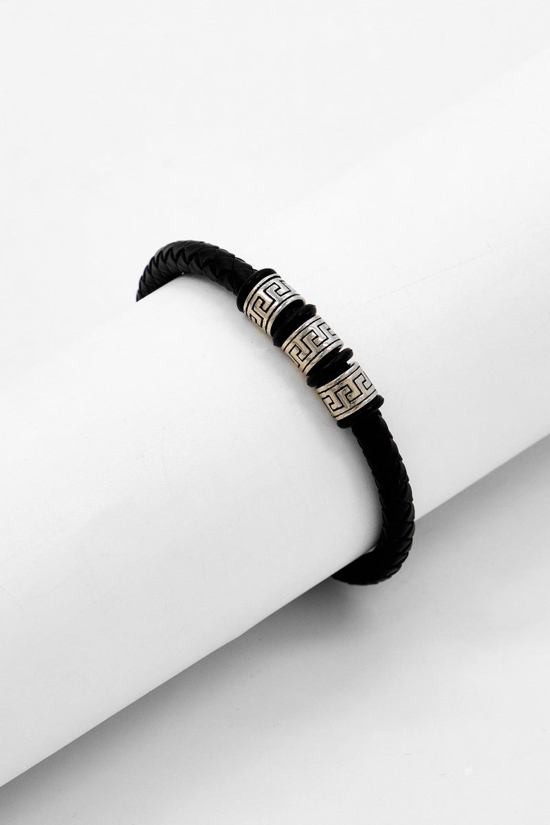 Steeltime Men Braided Leather With Stainless Steel Beads Bracelet, Black - Image 1