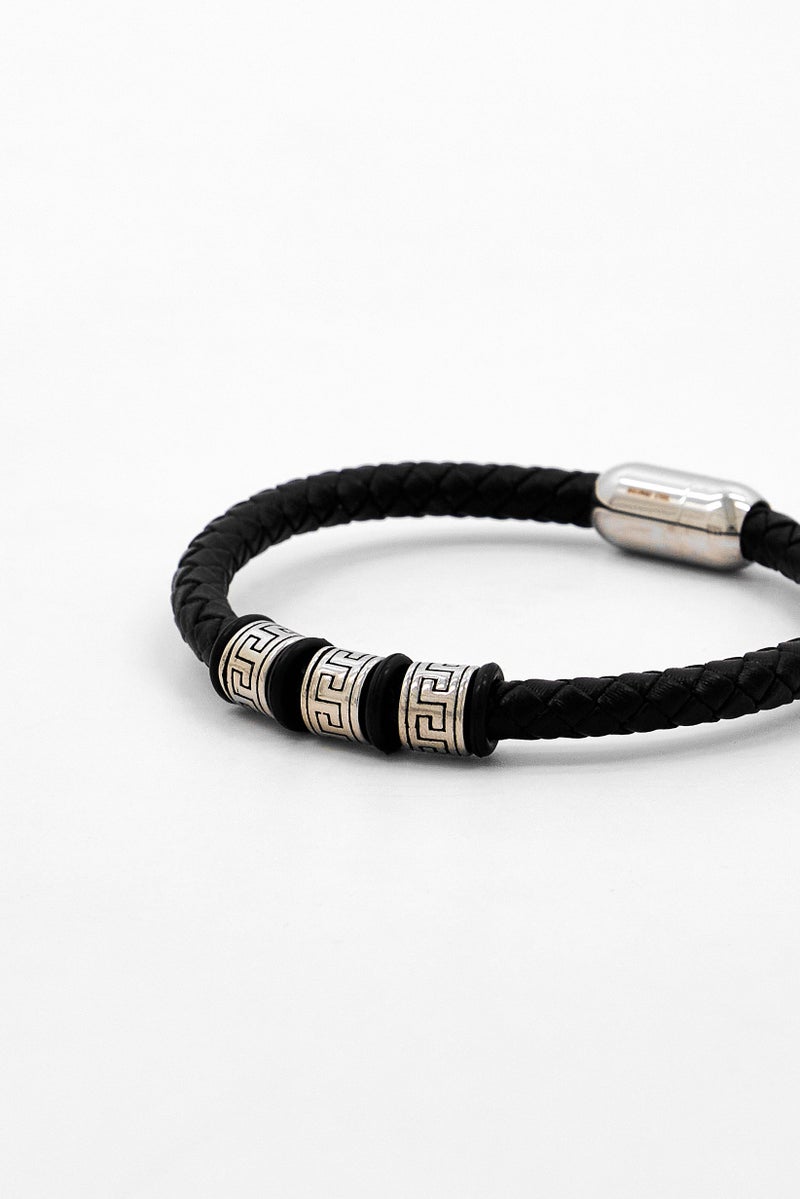 Steeltime Men Braided Leather With Stainless Steel Beads Bracelet, Black - Image 2