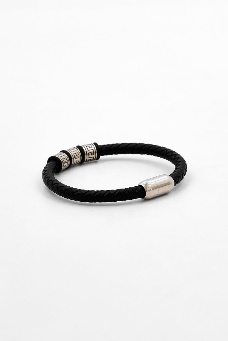 Steeltime Men Braided Leather With Stainless Steel Beads Bracelet, Black - Image 2