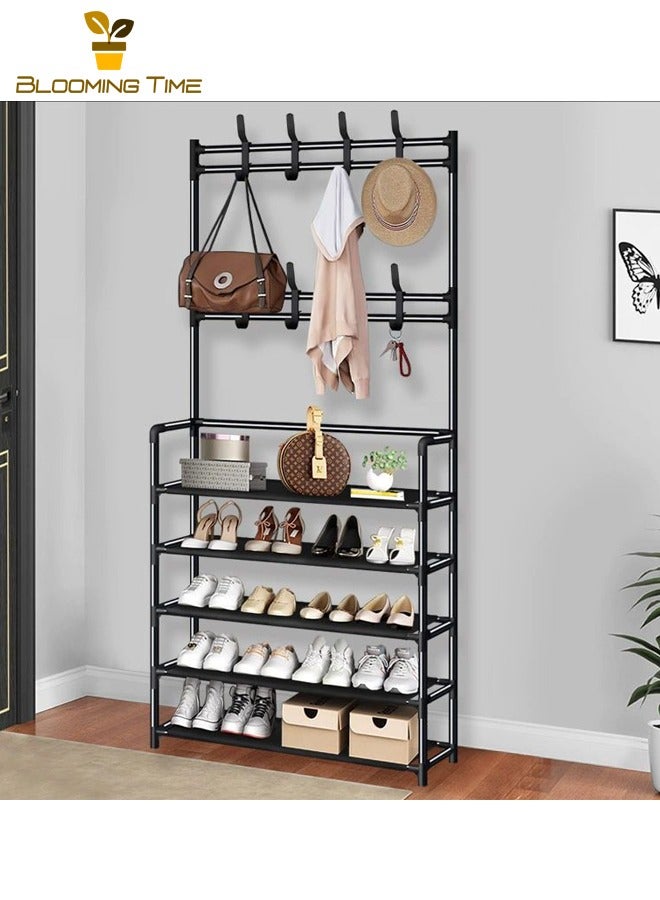 BLOOMING TIME Simple Shoe Rack, Multi-functional Shoe Cabinet for Home Use at the Entrance, Multi-layer Storage Rack, Integrated Floor-standing Coat Rack for Home Use, Simple Multi-functional Shoe and Clothing Rack for the Entrance Hall, Black - Image 1