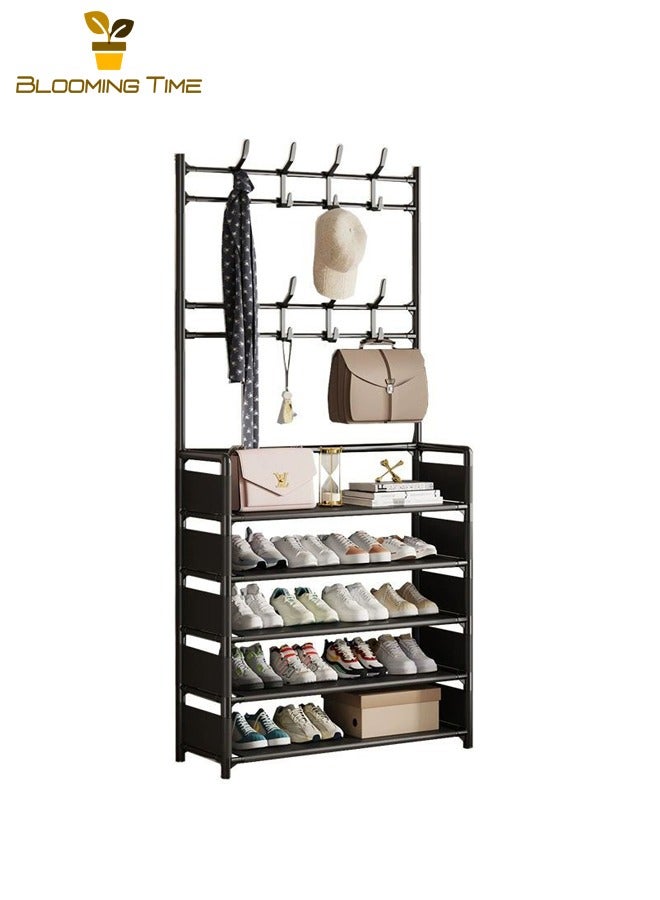 BLOOMING TIME Simple Shoe Rack, Multi-functional Shoe Cabinet for Home Use at the Entrance, Multi-layer Storage Rack, Integrated Floor-standing Coat Rack for Home Use, Simple Multi-functional Shoe and Clothing Rack for the Entrance Hall, Black - Image 2