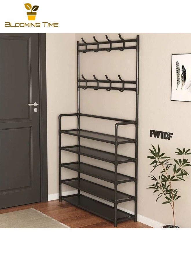 BLOOMING TIME Simple Shoe Rack, Multi-functional Shoe Cabinet for Home Use at the Entrance, Multi-layer Storage Rack, Integrated Floor-standing Coat Rack for Home Use, Simple Multi-functional Shoe and Clothing Rack for the Entrance Hall, Black - Image 3