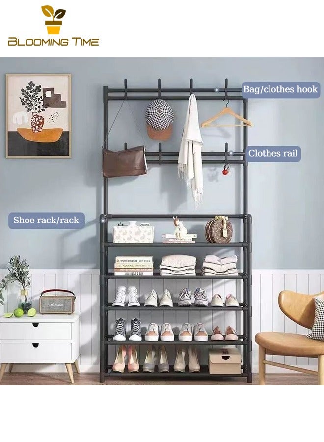 BLOOMING TIME Simple Shoe Rack, Multi-functional Shoe Cabinet for Home Use at the Entrance, Multi-layer Storage Rack, Integrated Floor-standing Coat Rack for Home Use, Simple Multi-functional Shoe and Clothing Rack for the Entrance Hall, Black - Image 4