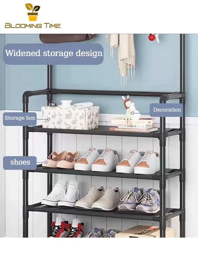 BLOOMING TIME Simple Shoe Rack, Multi-functional Shoe Cabinet for Home Use at the Entrance, Multi-layer Storage Rack, Integrated Floor-standing Coat Rack for Home Use, Simple Multi-functional Shoe and Clothing Rack for the Entrance Hall, Black - Image 5