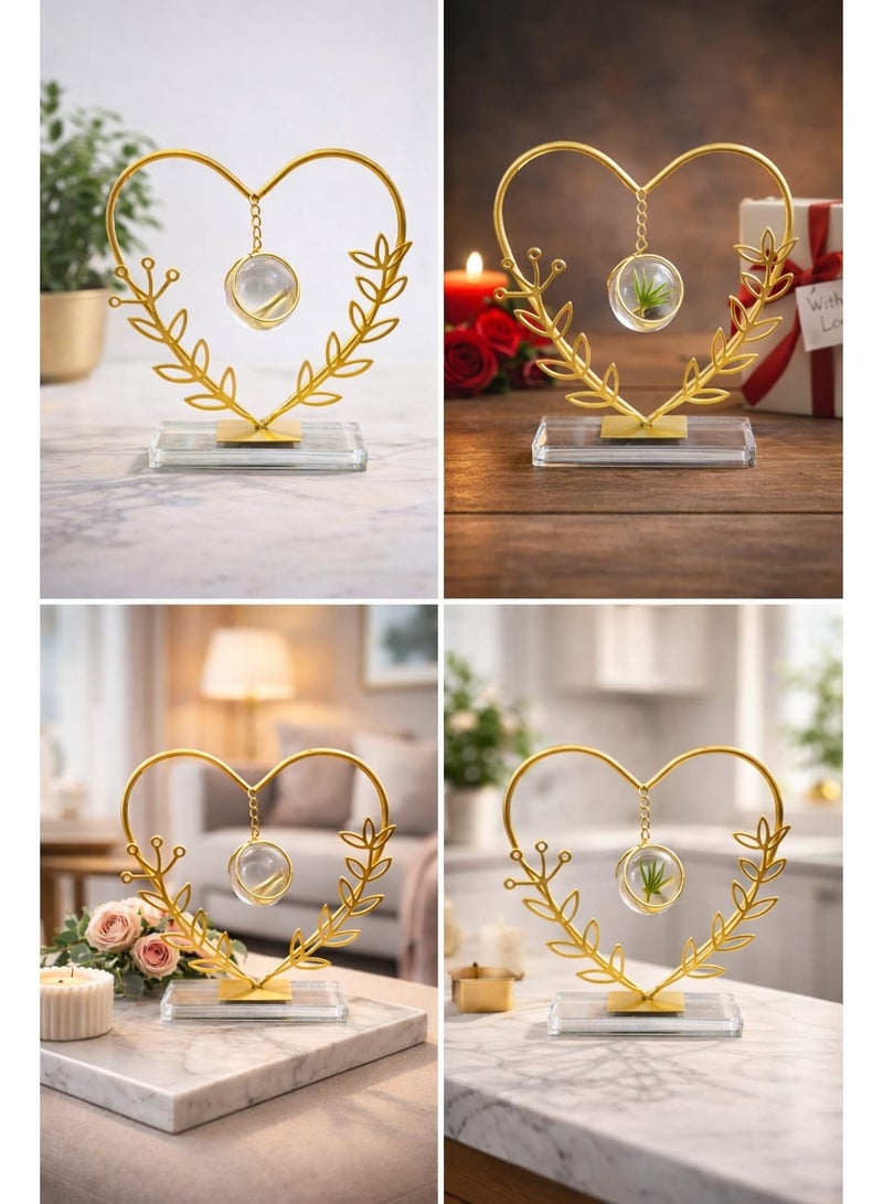 Heart-Shaped Decorative Ornament with Hanging Crystal Ball and Gold-Tone Floral Frame – Elegant Home and Office Tabletop Decor - Image 2