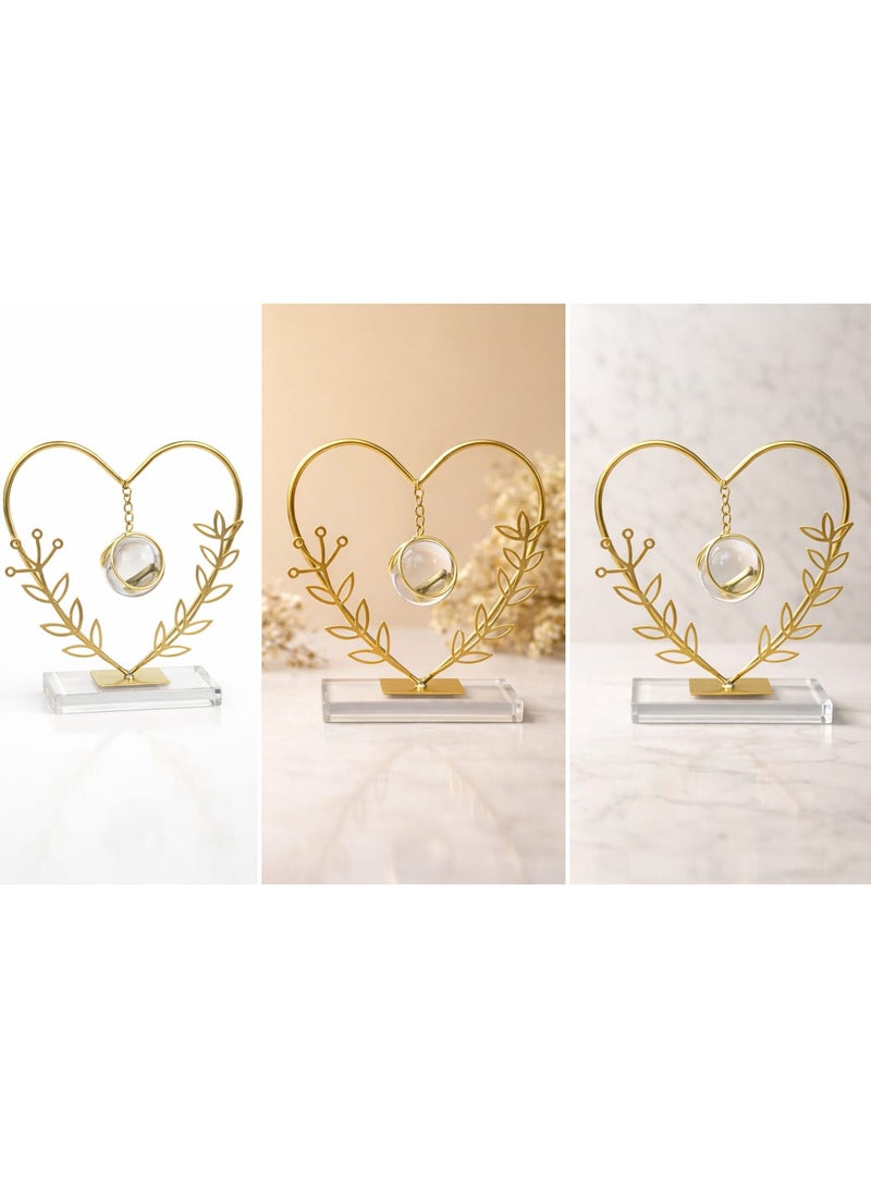 Heart-Shaped Decorative Ornament with Hanging Crystal Ball and Gold-Tone Floral Frame – Elegant Home and Office Tabletop Decor - Image 1